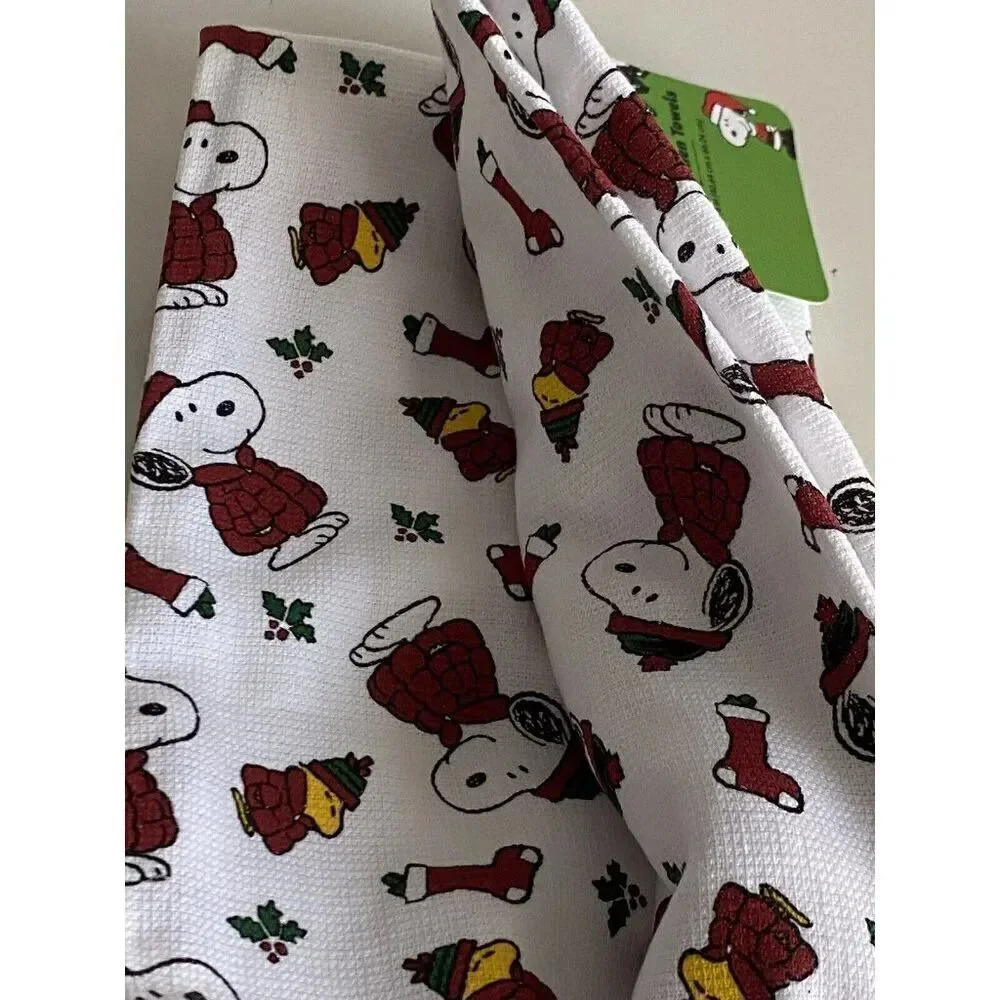 2 Pack Peanuts Snoopy Woodstock Puffy Coat Christmas Kitchen Towels 16 X 26